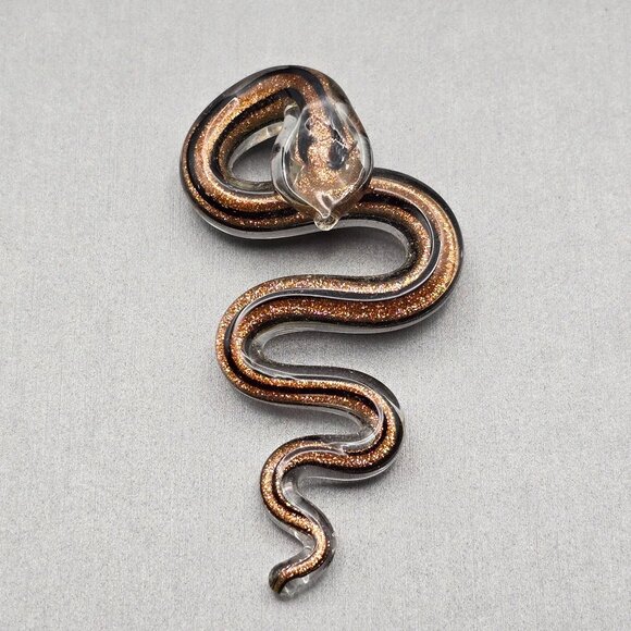 Glass Snake Pendant 2.5x1.25" Black w/ Gold Sparkle Sculptural Bail Mythology - Picture 2 of 7